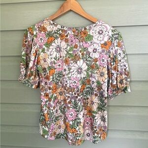 Kim & Cami Los Angeles Floral Print blouse pink green eyelet shirt Sz S top NWOT